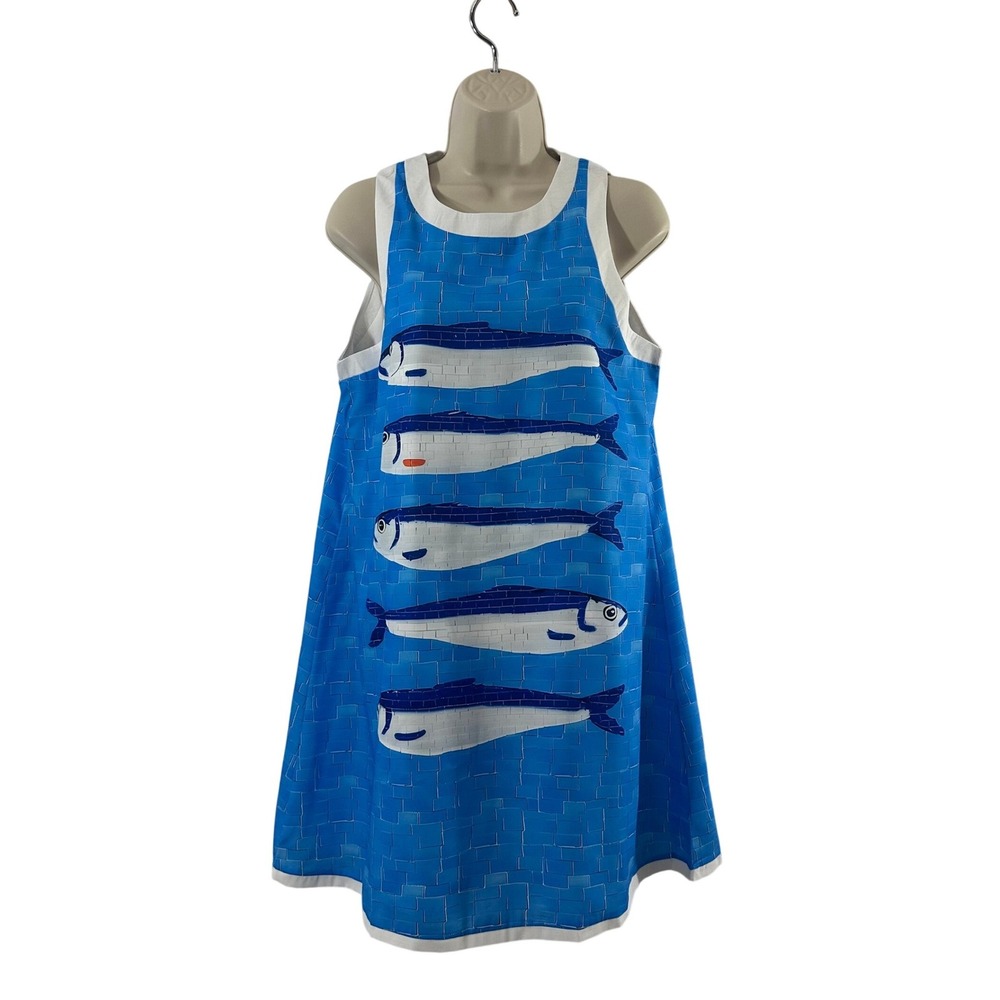 Nice To Meet You Blue Fish Print Sleeveless A-Line Mini Dress Womens Size M